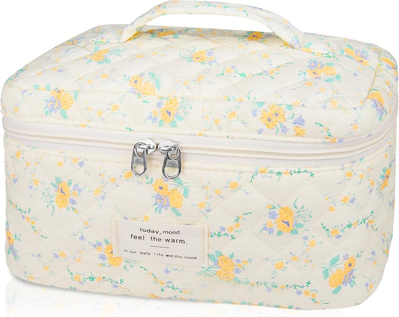 Gosect Large Makeup Bag, Cute Cosmetic Bag for Women Girls, Floral Coquette Aesthetic Toiletry Bag, Travel Make Up Organizer Bag (Yellow Flowers) - Image 1